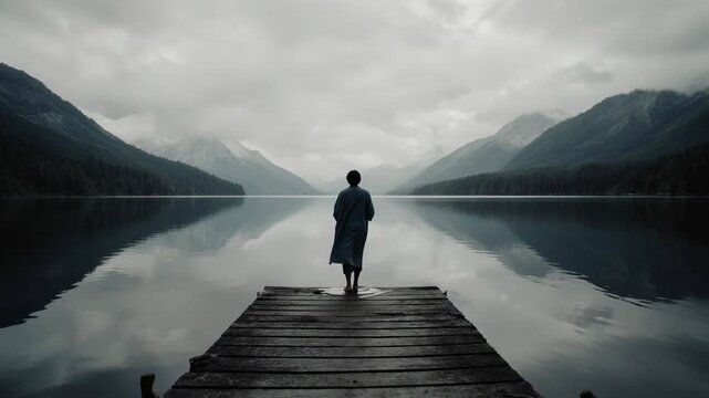 Solitary Figure Stands On A Wooden Dock Over A Misty Mountain Lake.