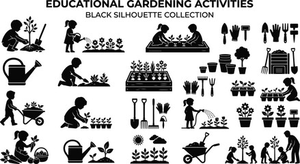 Children learning horticulture design elements bundle containing watering can wheelbarrow shovel plant pots kids planting trees and flower beds © Rakib