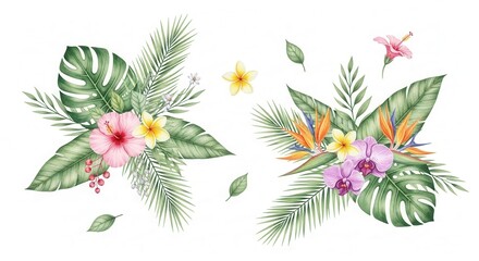 Fototapeta premium Vivid tropical flower bouquet with lush greenery.