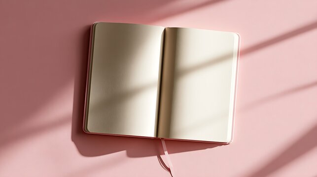 open pink journal on pink background with sunlight shadows