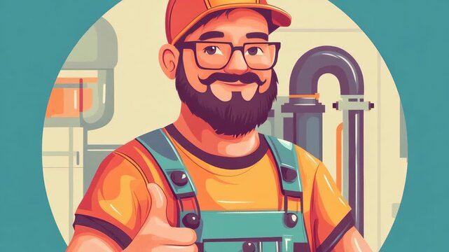 Cheerful plumber gives thumbs-up gesture in bright workspace