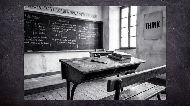 Vintage black and white school classroom. Old wooden desk, inkwell with quill pen, worn chalkboard texture. The word "THINK" written on the wall