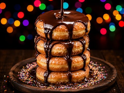Stack of four glazed ring donuts on a dark wooden plate with thick chocolate sauce pouring over the surrounded by colorful sugar sprinkles