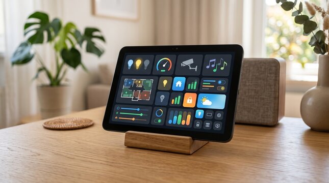 Smart home hub tablet on wooden table. Digital control panel for automated house systems.