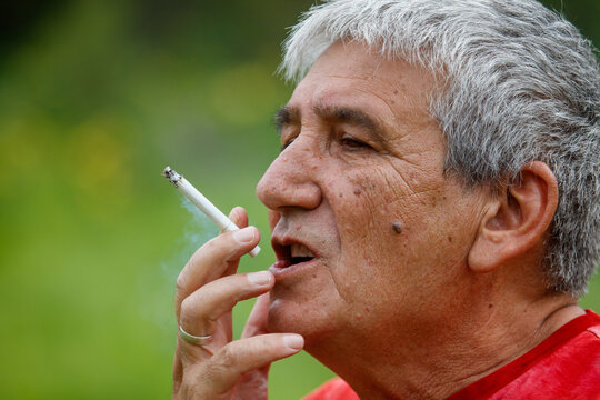 Man smokes cigarette outdoors. Grey hair, red shirt, natural daylight. Outdoor setting, blurred green background.