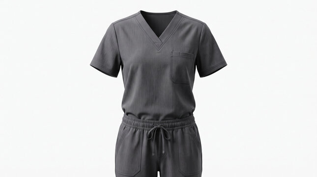 Medical uniform showcasing gray polyester blend fabric with a comfortable fit and practical design for healthcare professionals.