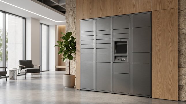 Smart parcel locker in office lobby. Automated delivery station for secure package pickup.