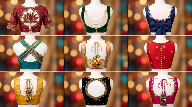 9 Festive Blouse Back Neck Patterns 3x3 Grid Display Sharp Detail Blurred Background Art