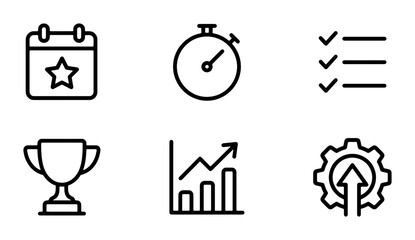 Fototapeta premium Business Success Icons Set: Calendar, Stopwatch, Checklist, Trophy, Growth Chart, Gear. Vector Graphics for Goals, Planning, Achievement, Strategy, Performance.