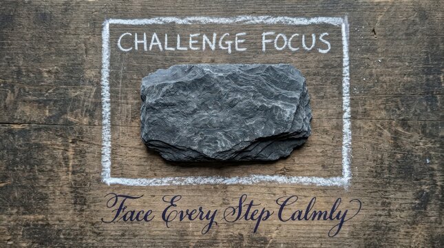 Gray stone placed on wooden background with white chalk frame containing challenge focus words and script lettering face every step calmly below the rectangle perfect for mental health concepts ideas.
