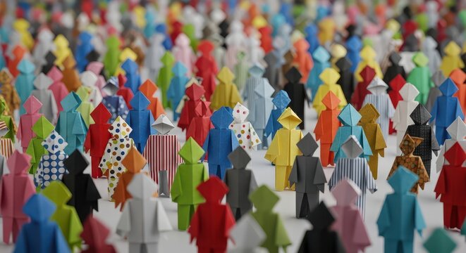 Vibrant paper figures symbolizing diversity, unity, and social connection in a dynamic, colorful setting.