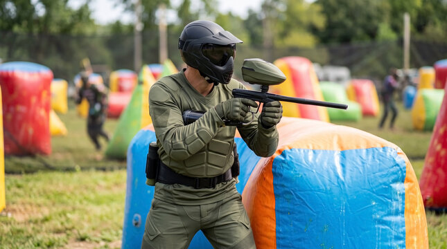 Paintball player in protective clothing aiming with marker during intense game in outdoor arena. Action-packed paintball scene includes colorful inflatable obstacles and participants in vibrant gear.
