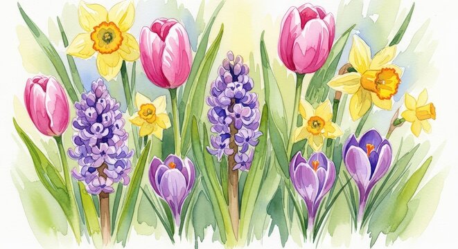 Bright, cheerful spring flowers in a lush garden setting.
