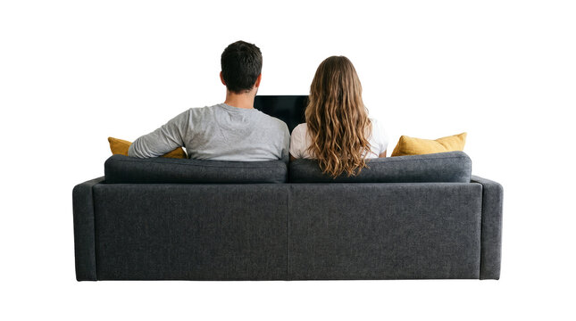 Couple sitting on couch, back view on transparent background
