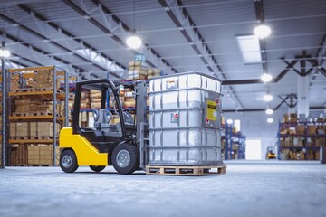 Forklift transporting large industrial liquid container in warehouse with forklift warehouse container © mrzn