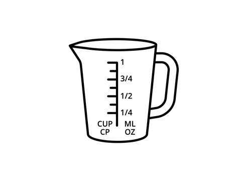 Kitchen measuring cup with liquid volume markings line art