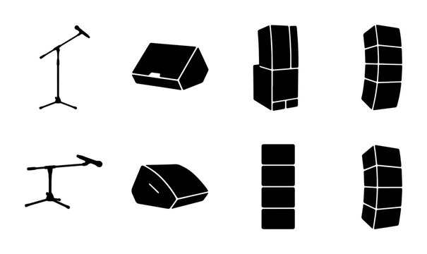 Audio Equipment Icons: Speaker Arrays, Monitors, and Microphone Stands, Black Vector Graphics for Sound Systems and Live Performance