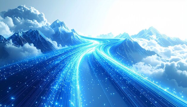 A futuristic technology concept featuring a glowing blue diagonal line representing data transmission via fiber optic cables against a white background.