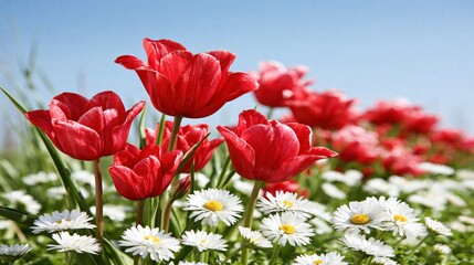 Obraz premium Vibrant red tulips bloom alongside delicate white daisies under a clear blue sky.