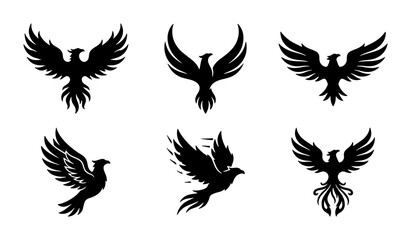 Fototapeta premium Phoenix Vector Icons Set, Mythical Bird Silhouettes, Fiery Creature Graphics, Rebirth Symbol Art, Black and White Emblem Collection