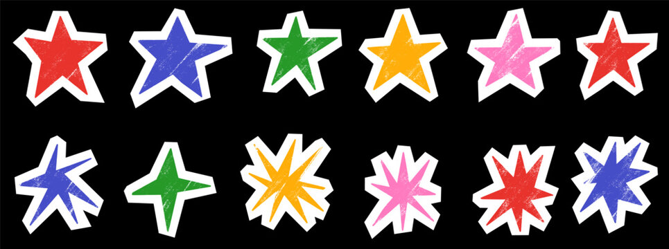 Paper star collection with cutout collage forms and lively pointed silhouettes. Red blue green yellow and pink pieces feature crisp white borders. Bold vector paper star set for greeting card design