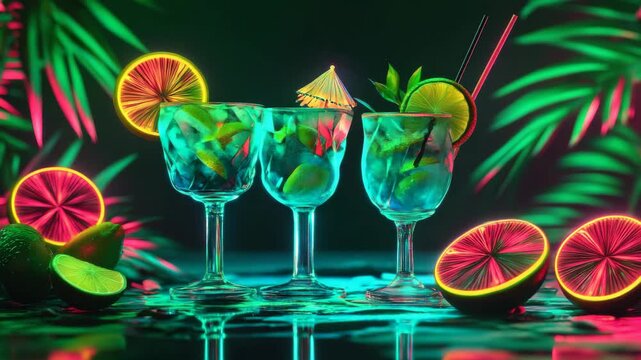 Lively scene of two exotic beverages set against vibrant neon glow, featuring citrus slices and straws. Perfect for a beach or pool party vibe.