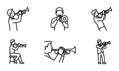 Vector Icons of Musicians Playing Trumpets, Brass Instrument Performers, Jazz Band Members, Musical Performance Graphics, Set of 6 Simple Line Art Illustrations © Kazol