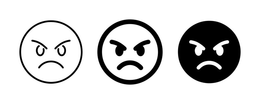 Angry Face Icons, Grumpy Emoji Set, Negative Emotion Symbols, Frustrated Mood Graphics, Black and White Icons for User Feedback