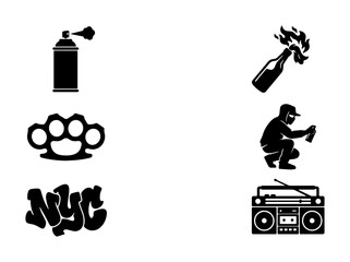 Urban Graffiti Art Icons: Spray Can, Molotov Cocktail, Brass Knuckles, Boombox, Street Artist, NYC Tag - Vector Set