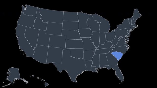 South Carolina Flashing Blue on US Election Map Animation Alpha 4K