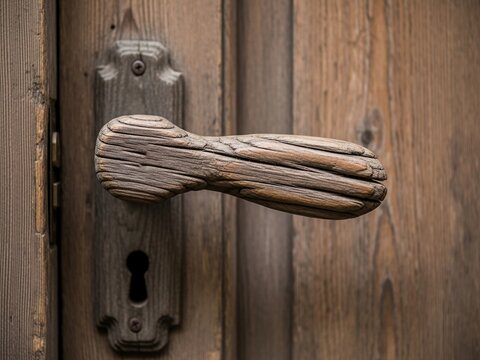 A weathered, hand-carved wooden door handle with a prominent grain is mounted on an old wooden door featuring a traditional keyhole.
