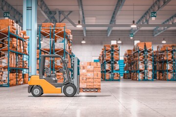 Forklift truck loading cardboard boxes in large industrial warehouse facility with forklift, warehouse © mrzn