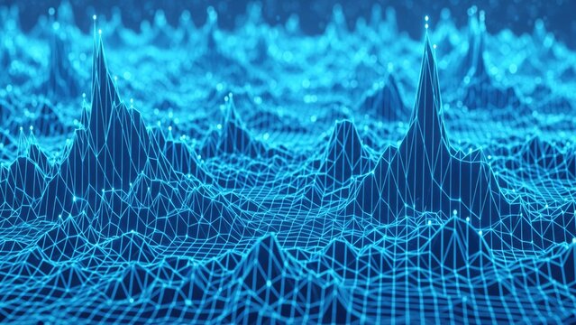 Abstract 3D wireframe landscape with glowing points, representing digital terrain, data visualization, or cybernetic mountains in a futuristic blue-themed environment.