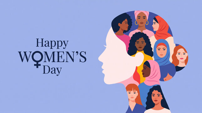 Women profile silhouettes depict diverse female faces celebrating international equality day events.
