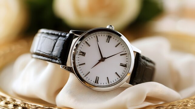 A classic wristwatch with black leather strap and white dial rests elegantly on a cream colored fabric surface