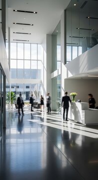 Business professionals in a bright, contemporary office lobby with glass walls and natural lighting, conveying professionalism.