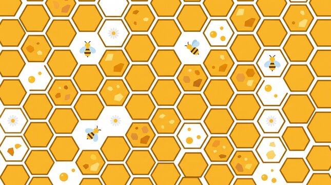 Bee Hive Pattern with Honeycomb Texture and Bees Illustration