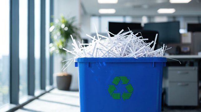 Secure document destruction and eco friendly paper recycling process in a corporate workplace environment.