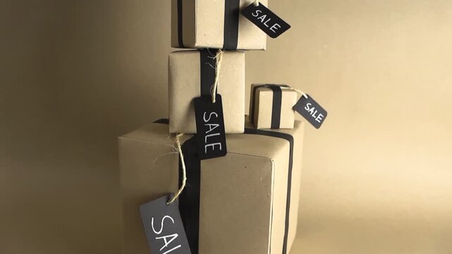 Tall stack of brown paper gift boxes with black ribbons and sale tags rising in a seamless loop, symbolizing shopping, consumerism, and special offers like black friday discounts