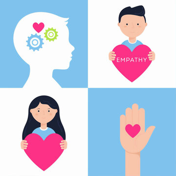 Empathy and mental health concept vector illustration with people holding hearts and brain gears