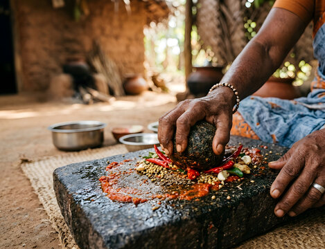 &bull;	Close up of hands grinding spices on traditional stone in village kitchen