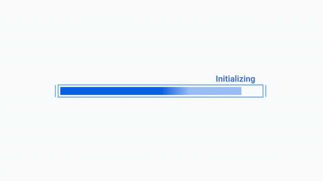 Flat vector animated initialization progress bar with loading indicator and status text. Ideal for software interfaces, startup screens, technology, and business motion graphics.