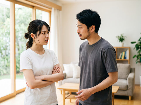 リビングで腕を組み不満そうな表情で会話する夫婦の女性