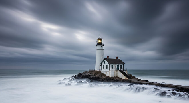 Ocean Waves Long Exposure Lighthouse Silhouette Stormy Sky