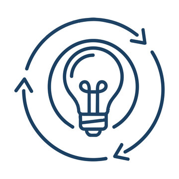 Minimalist flat icon of a lightbulb with circular arrows orbiting around it, isolated on a white background, symbolizing continuous innovation concept