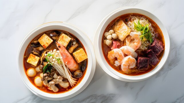 Top view of two Sichuan seafood malatang spicy hot pot bowls with assorted ingredients.