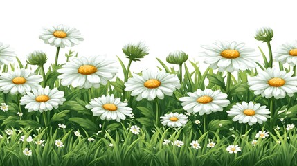 Obraz premium Delicate white daisies bloom in lush green grass under a white background
