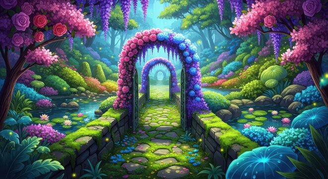 Beautiful garden scene featuring a colorful floral archway and lush greenery, evoking tranquility and wonder.
