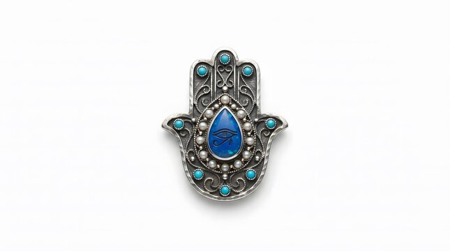 Close-up of a decorative Hamsa hand pendant with blue gemstone. Elegant jewelry piece for spiritual protection and fashion accessories.