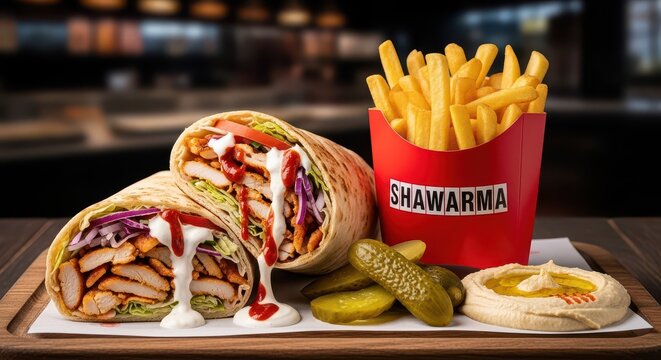 Close-up of a savory shawarma wrap with fries, pickles, and fresh ingredients.